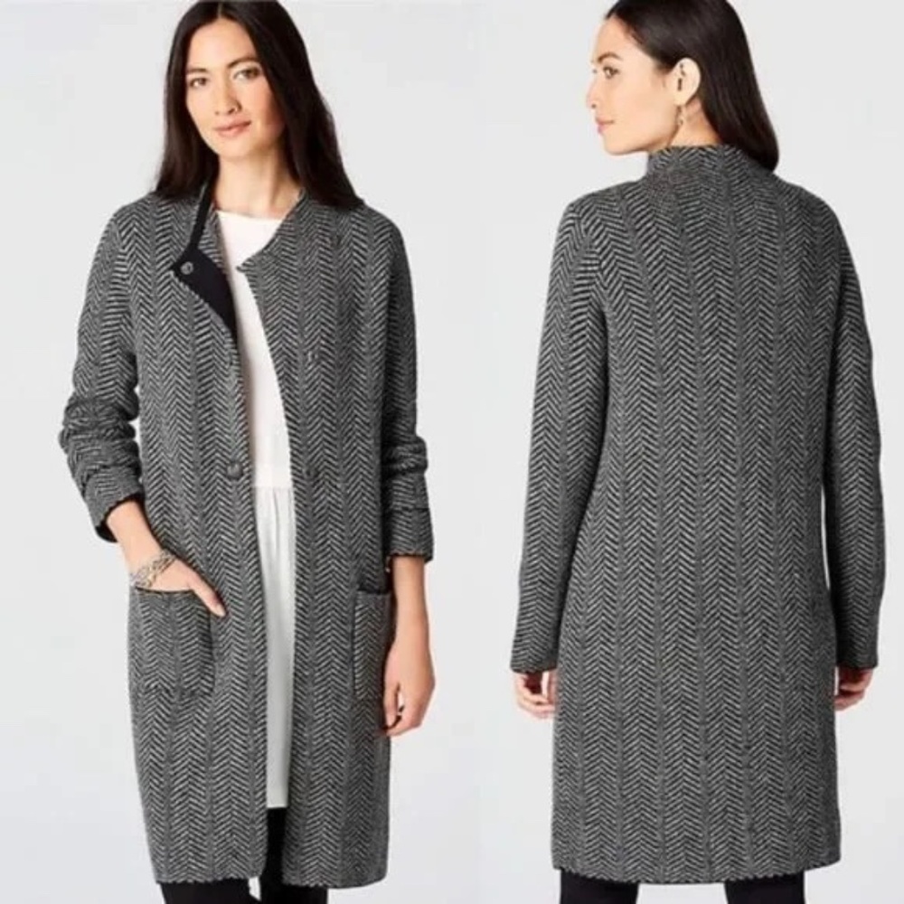 J.Jill Copley Herringbone Sweater Coat Gray Black Size L